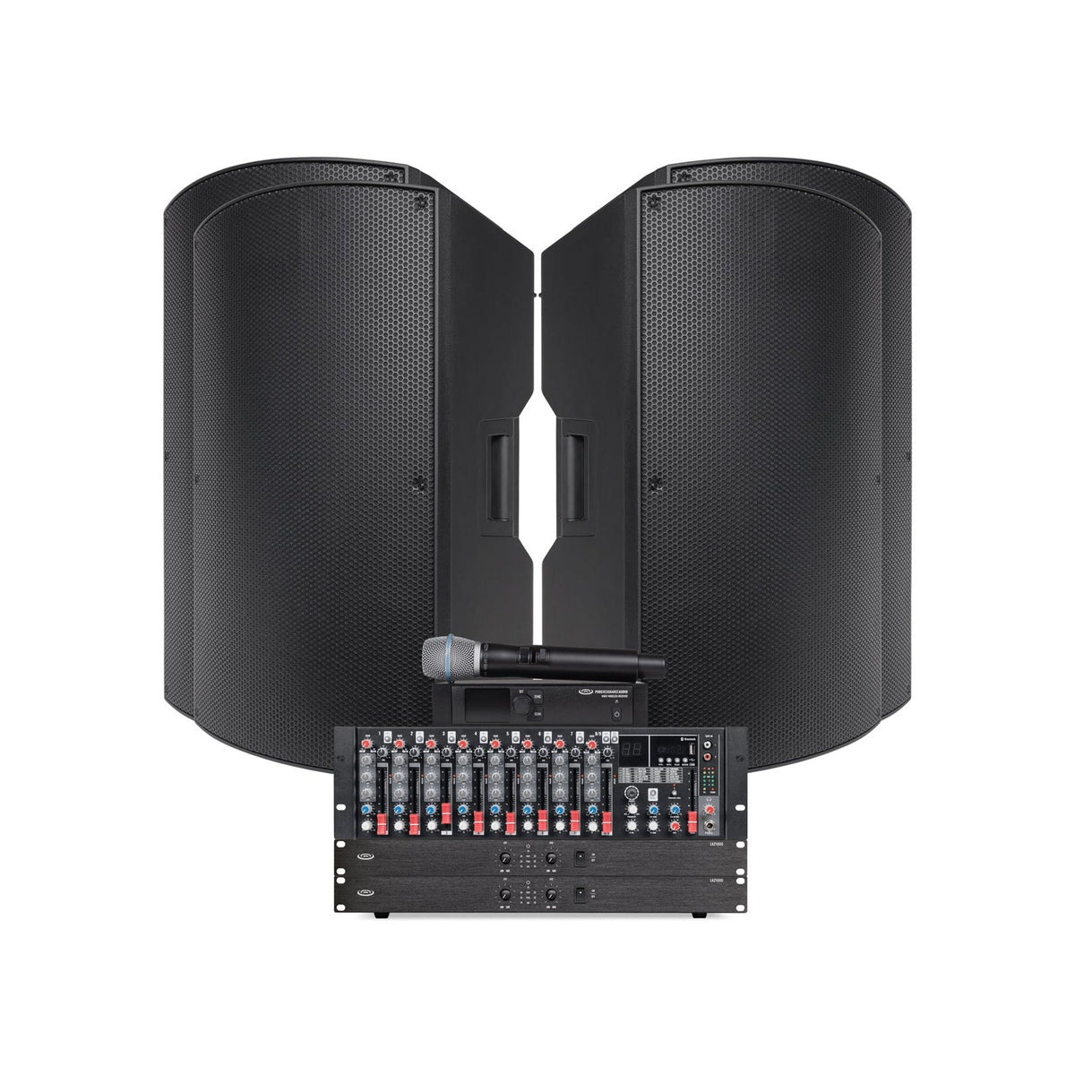 Pure Resonance Audio School Gym Sound System with (8) P115 15-Inch Passive PA Speakers, MX9 Mixer, (2)  LA21000 Power Amplifiers, and WMS1-HH Wireless Handheld Microphone